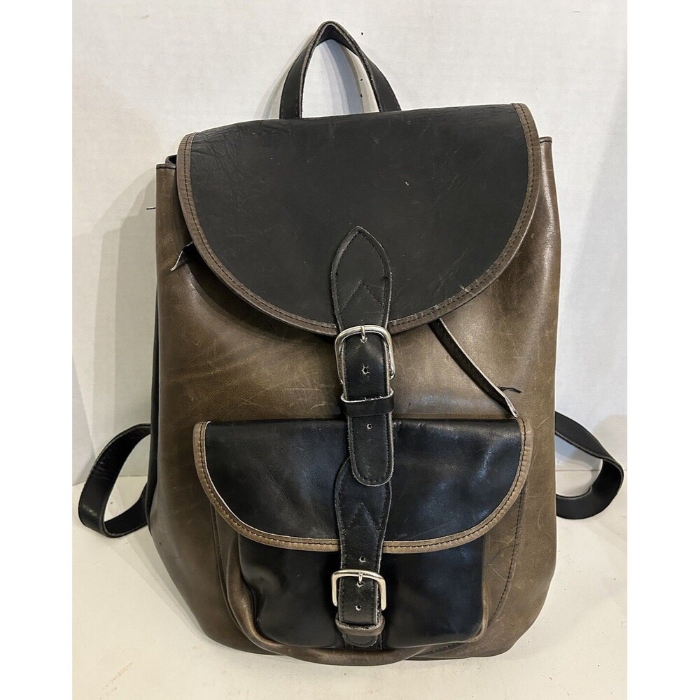 Leather Drawstring Buckled Backpack Rucksack Travel Bag Black & Brown 15” x 14”